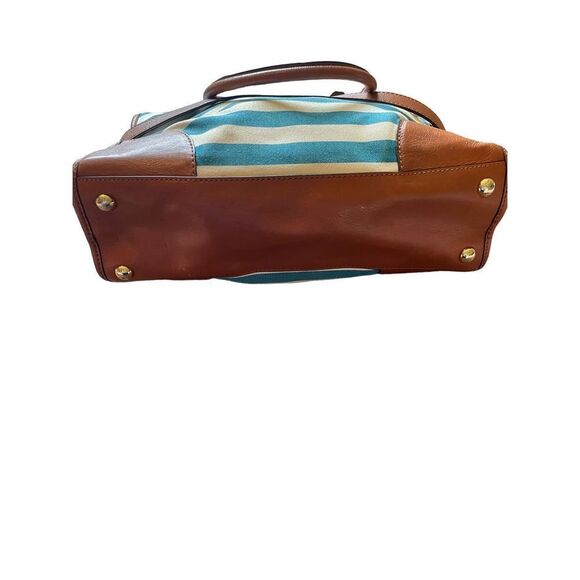 NWOT VINTAGE Blue/cream Stripe, camel leather, gold details Michael Kors Purse - Picture 3 of 8